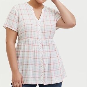 Torrid White Multi Plaid Challis Button Front Babydoll Top sz 12 or 0
